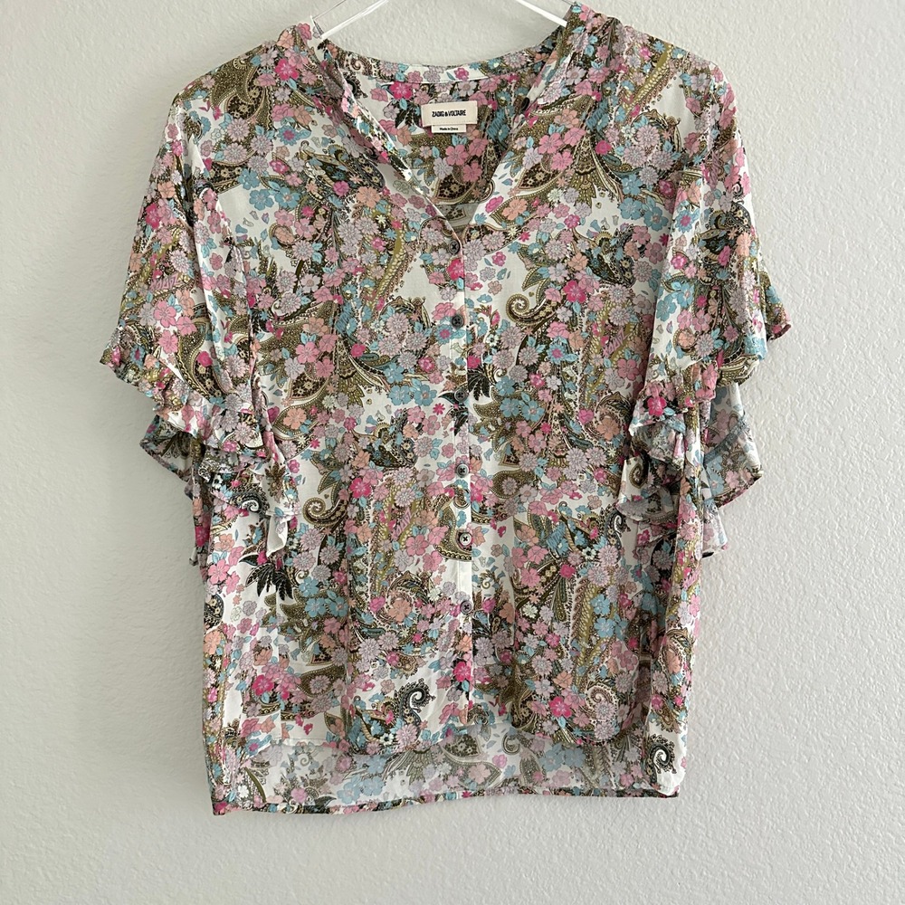 Zadig & Voltaire Blouse Womens M? Multicolor Floral Paisley Ruffle Sleeve Boho